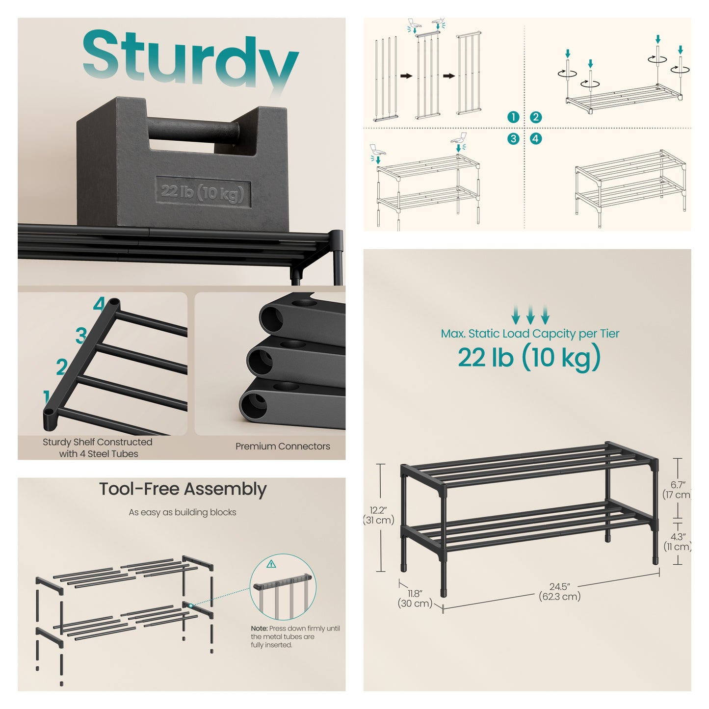 2-Tier Shoe Rack, Metal Entryway Organizer, Small Shoe Storage for Closet, 24.5 x 11.8 x 14.6 Inches, Black