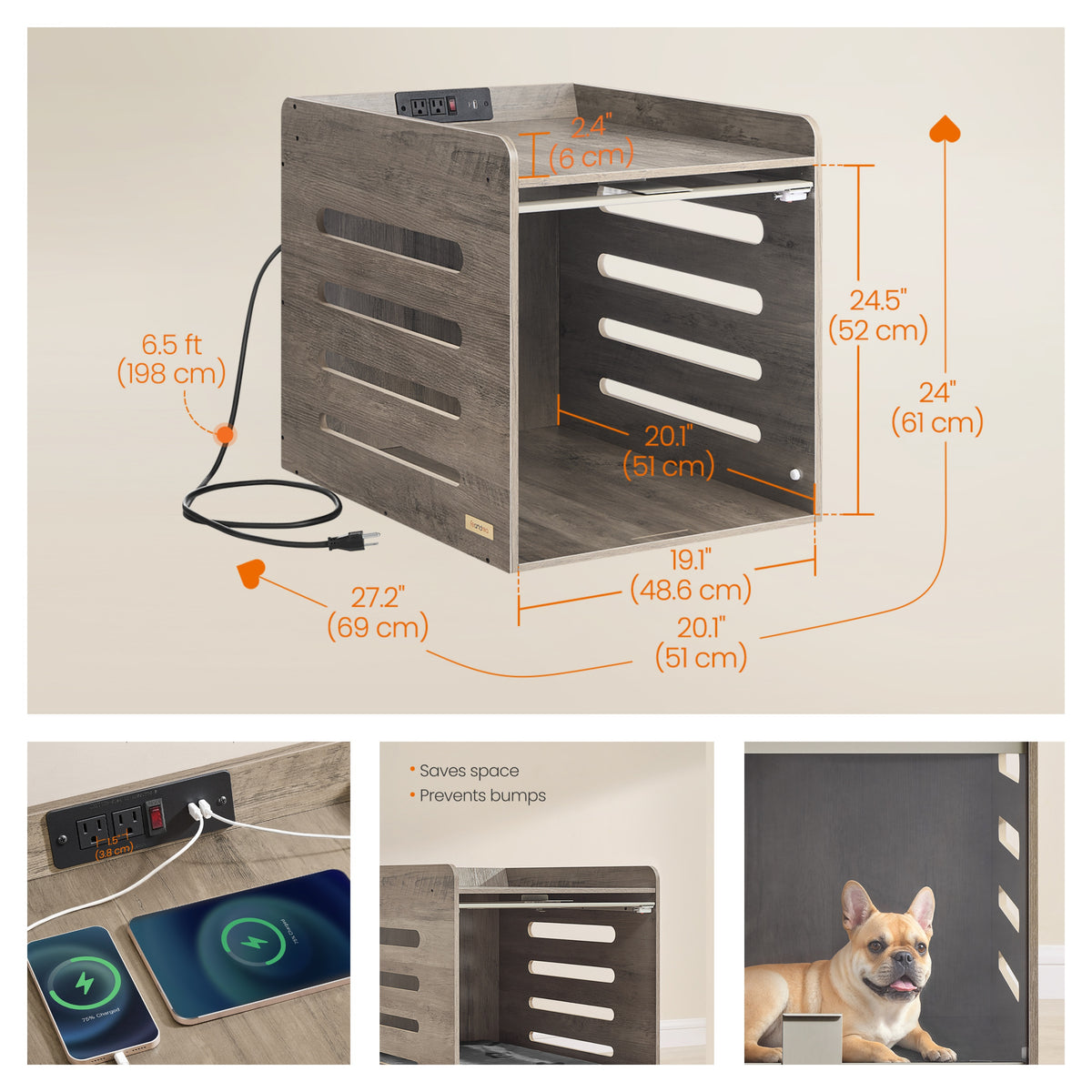 Dog Crate Furniture End Table with Charging Station and Flip-Up Acrylic Door, 27.2 x 20 x 24 inches, Light Ivory