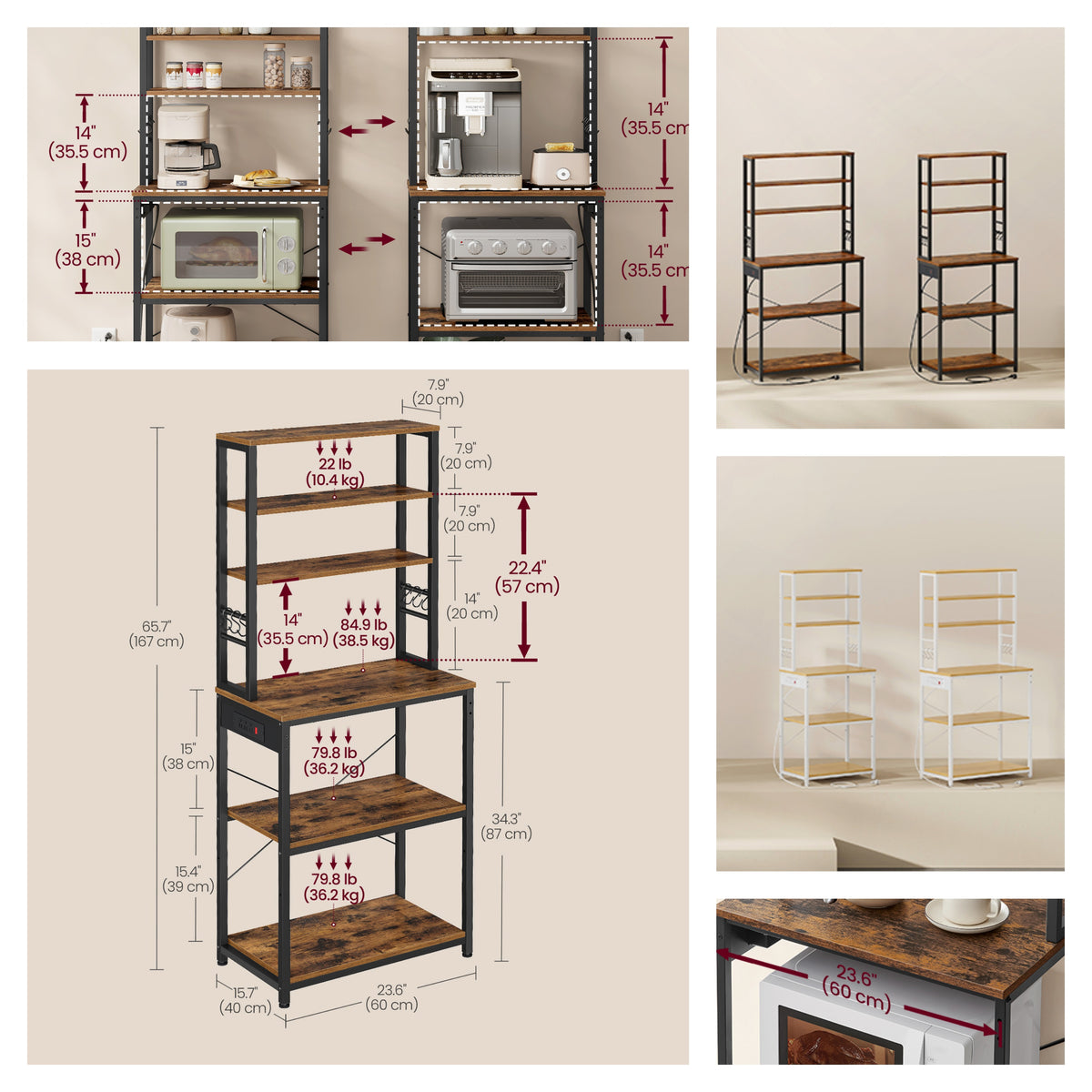 6-Tier Baker's Rack with Adjustable Shelf and 6 Hooks, 23.6 x 15.8 x 66.5 Inches, Yellow and Black