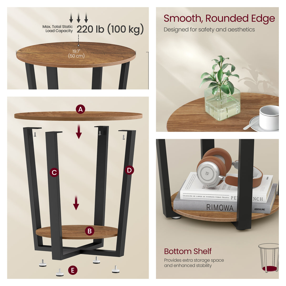 End Table, Small Round Side Table with Storage Shelf, 19.7 x 19.7 x 22.4 inches, Tan and Black
