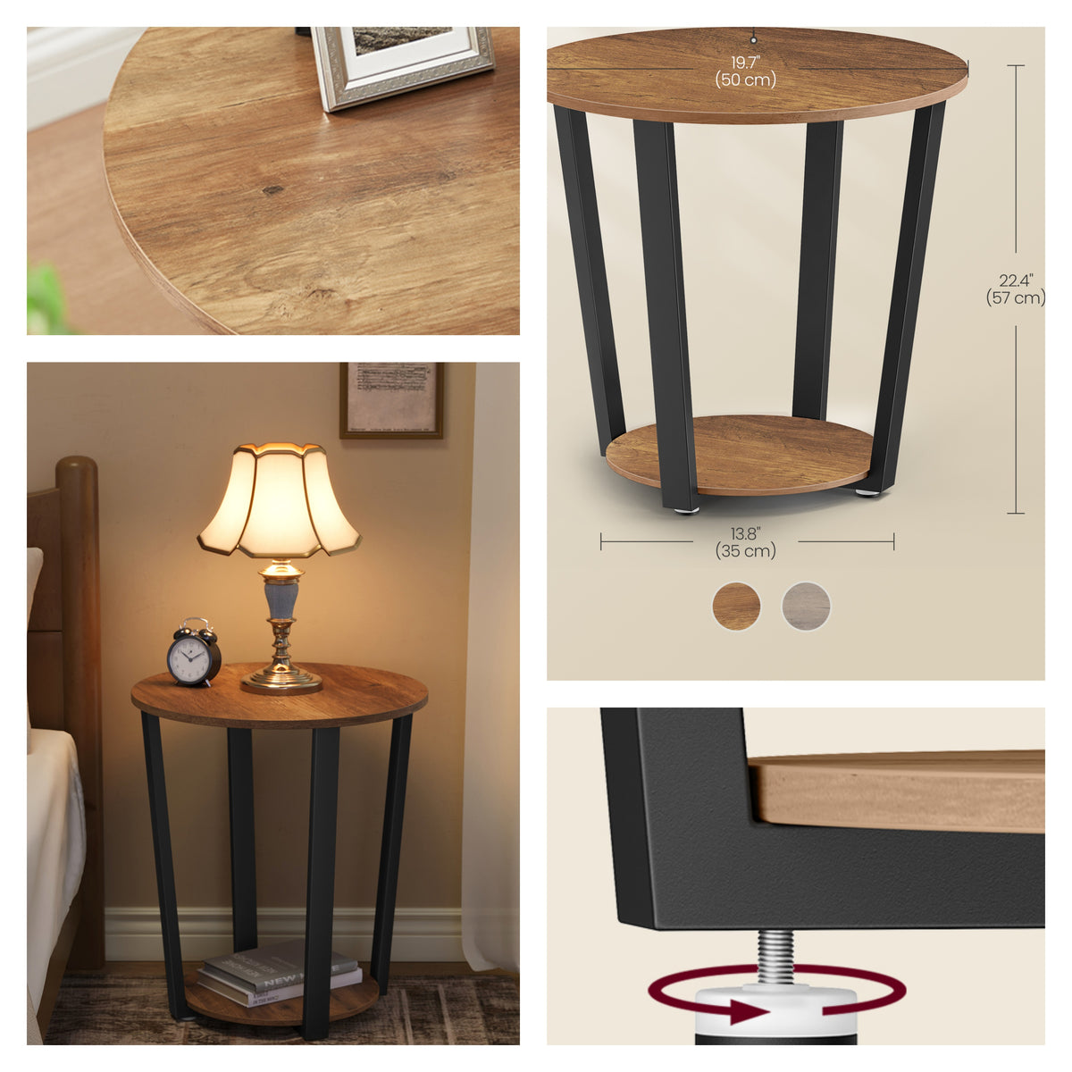 End Table, Small Round Side Table with Storage Shelf, 19.7 x 19.7 x 22.4 inches, Tan and Black