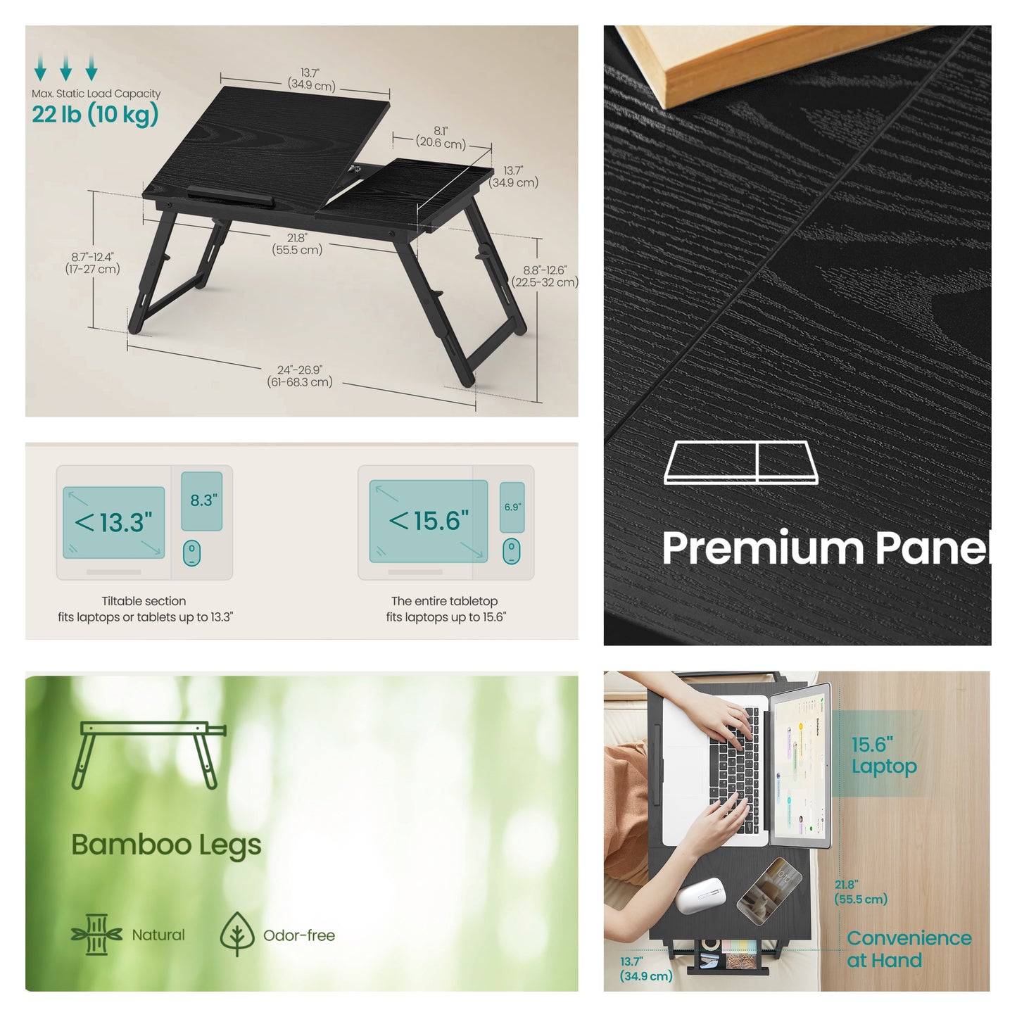 Laptop Desk, Foldable Bed Tray Table with Adjustable Tilting Top, 21.7 x 13.8 x 9.1-12.6 Inches, Black