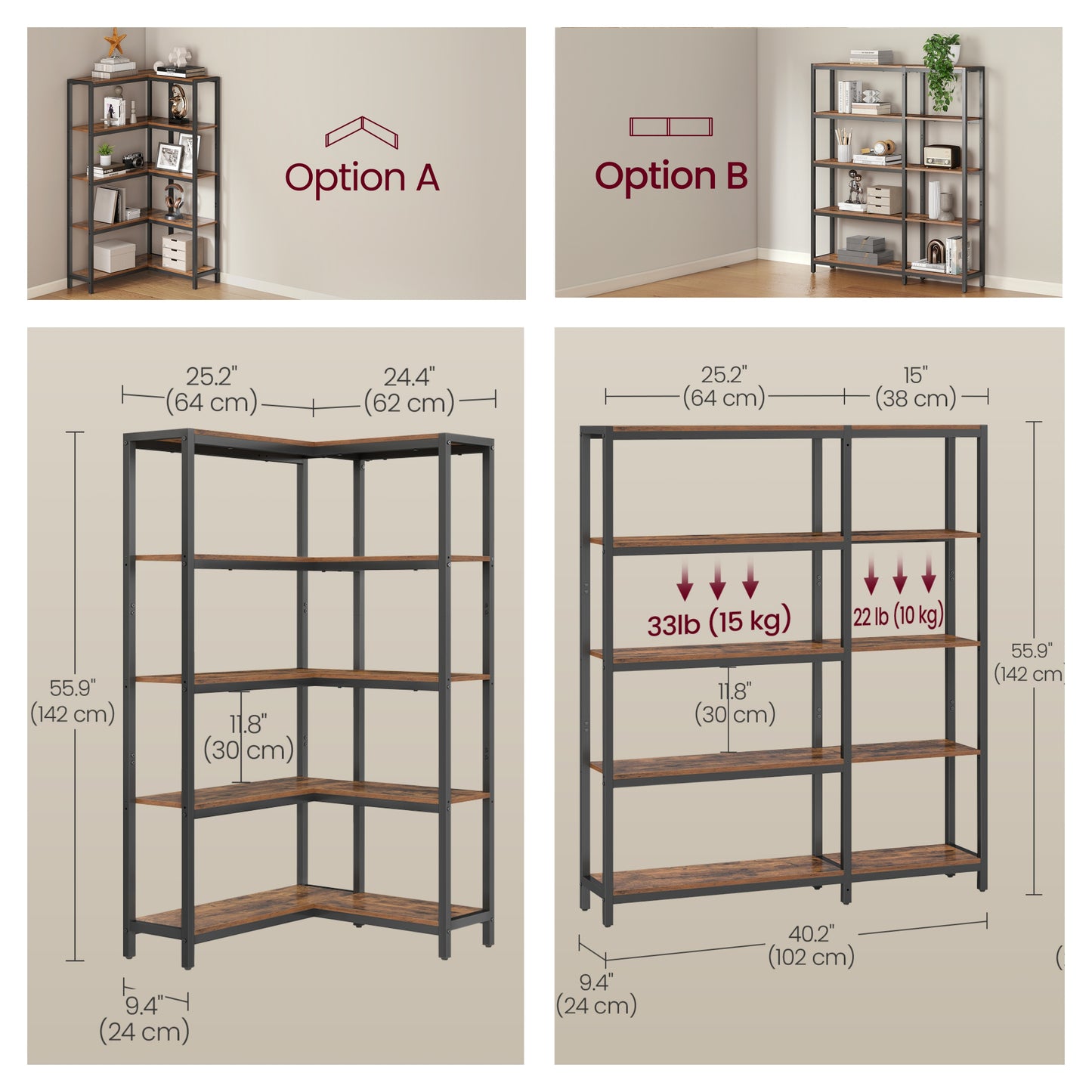 5-Tier L-Shaped Corner Bookshelf Industrial Display Rack 40.2 x 9.4 x 55.9 inches Tan