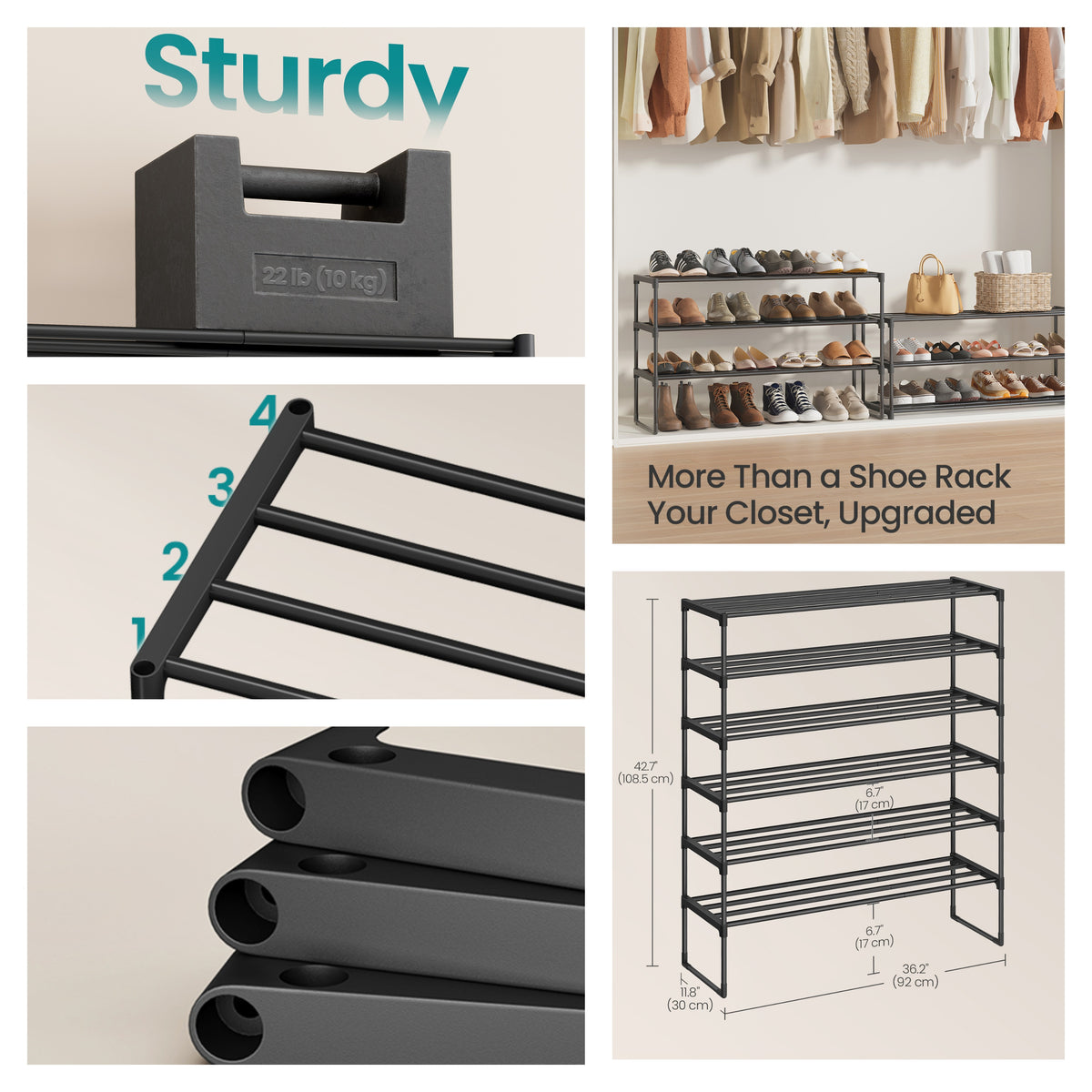 6-Tier PP Plastic, Steel Shoe Storage Shelf, Stackable Shoe Organizer, for Entryway, Black