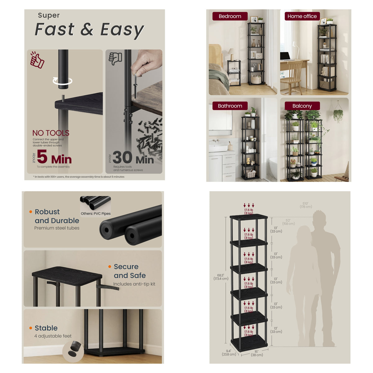 6-Tier Shelf with Toolless Assembly, Slim Standing Bookshelf for Living Room Bedroom Kitchen, Wood Grain Black & Ink Black
