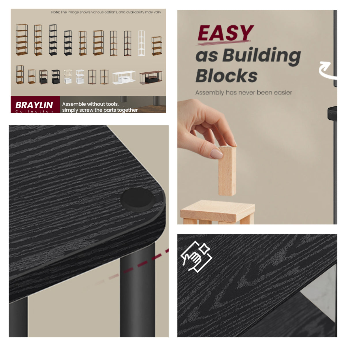 6-Tier Shelf with Toolless Assembly, Slim Standing Bookshelf for Living Room Bedroom Kitchen, Wood Grain Black & Ink Black