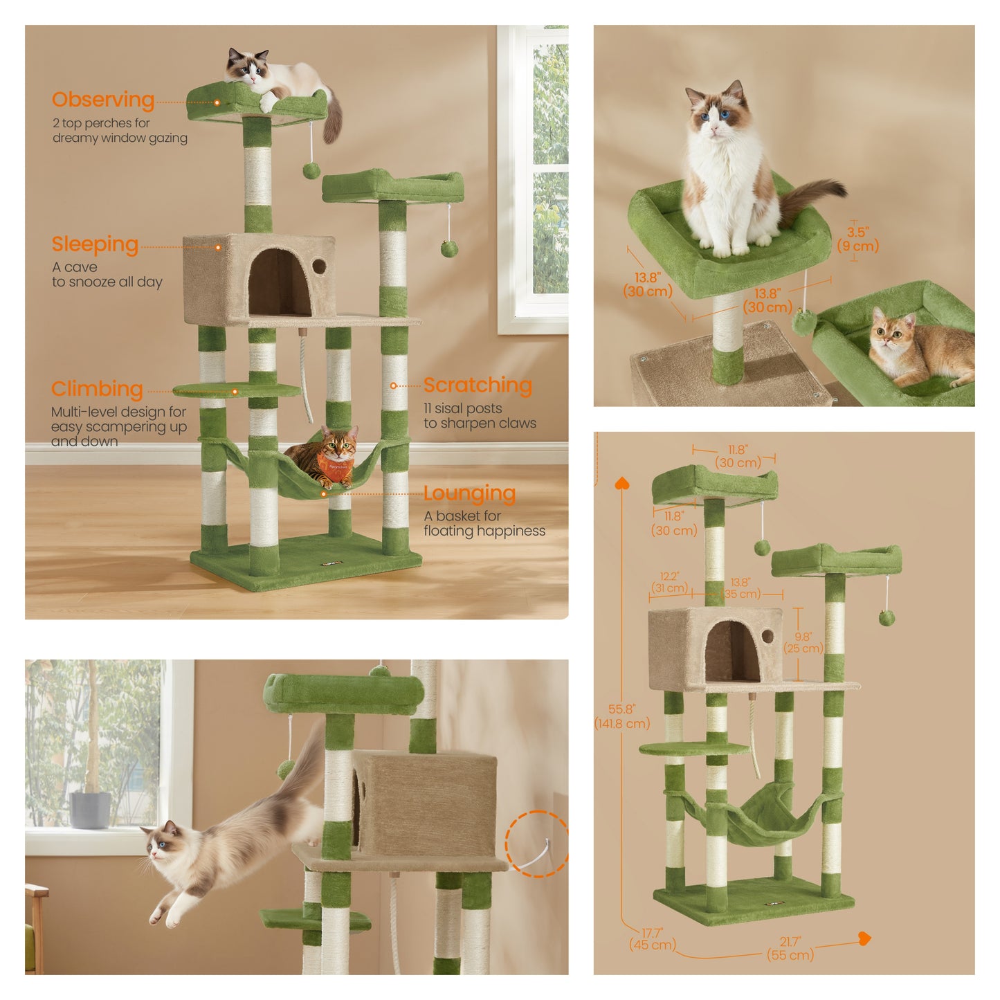 Cat Tree, Multi-Level Cat Condo with 11 Scratching Posts, 2 Perches, Hammock, Green