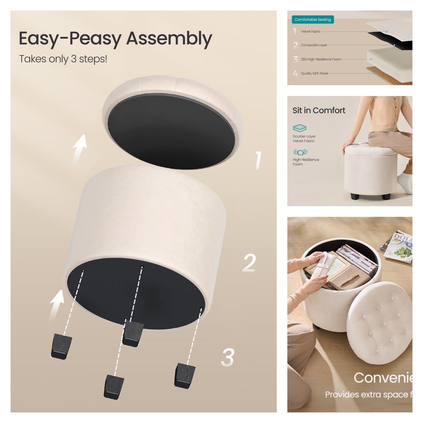 Round Velvet Storage Ottoman - 17.7" Foot Rest Stool with Hidden Compartment, 330lb Capacity, for Living Room, Bedroom, Dorm, Cream White