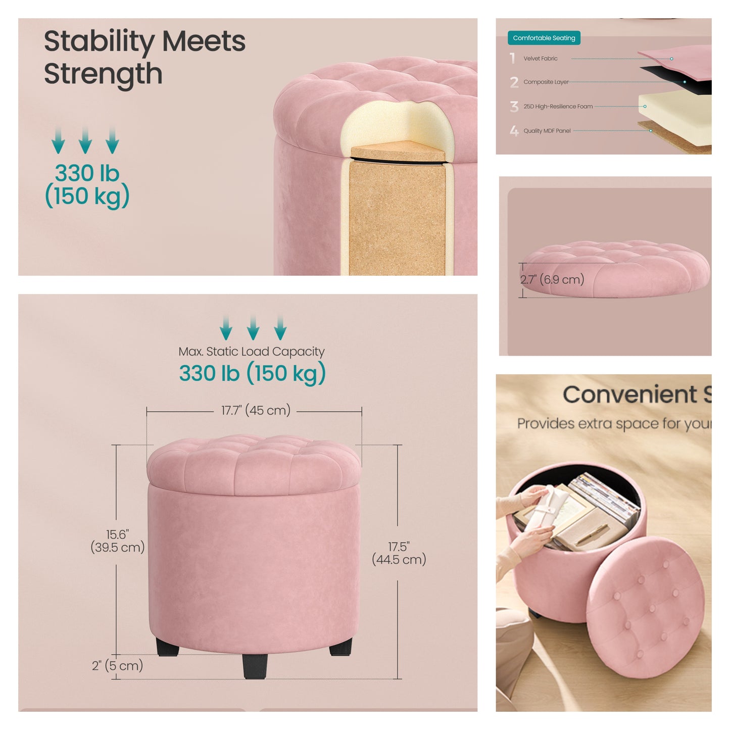 Round Velvet Storage Ottoman - 17.7" Foot Rest Stool with Hidden Compartment, 330lb Capacity, for Living Room, Bedroom, Dorm, Jelly Pink