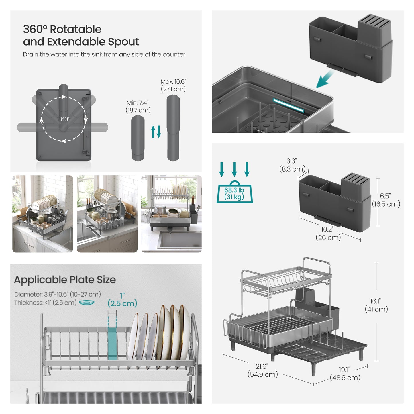 2-Tier Expandable Dish Drying Rack, Stainless Steel Dish Dryer with Drain Spout and Utensil Holder for Kitchen Counter, Silver and Gray