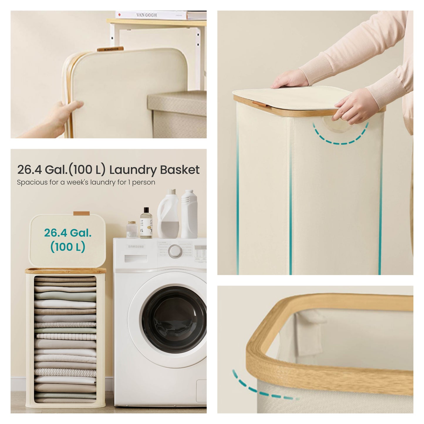 26.4 Gallon Laundry Hamper with Lid, Foldable Bamboo Frame Storage Basket for Bedroom and Living Room, Cream White
