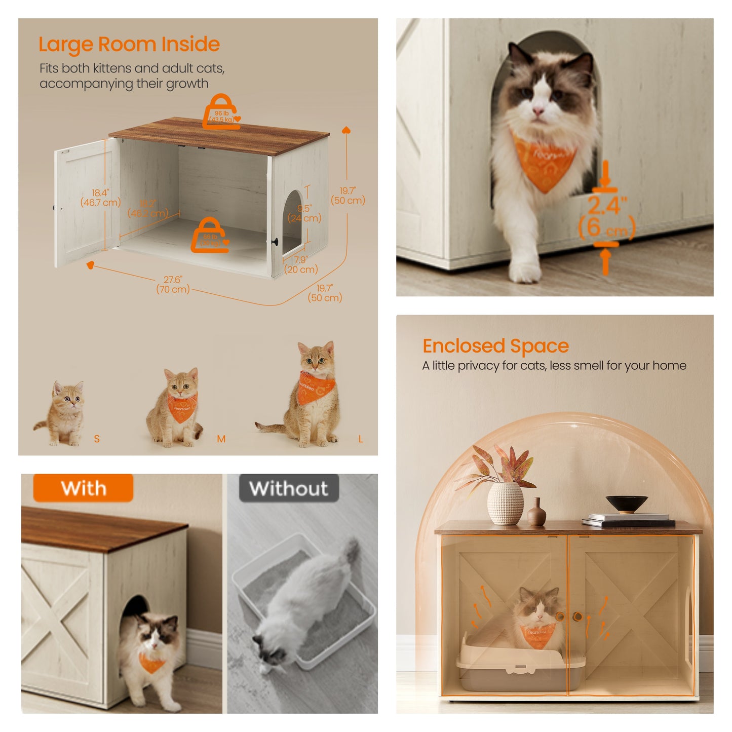 Litter Box Enclosure Furniture, Hidden Indoor Cat House and End Table, 27.6 x 19.7 Inches, Rustic White and Honey Brown