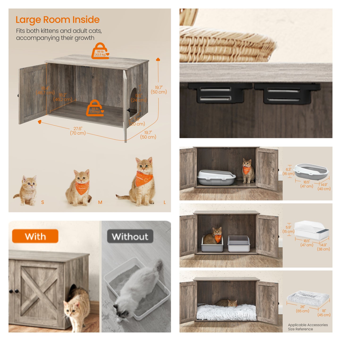 Litter Box Enclosure Furniture, Hidden Indoor Cat House and End Table, 27.6 x 19.7 Inches, Heather Greige