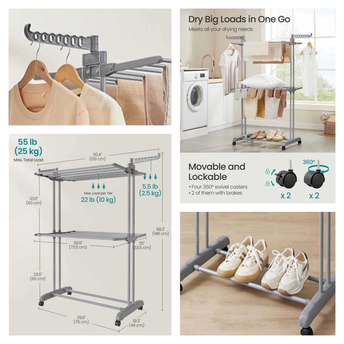 3-Tier Foldable Clothes Drying Rack, 58.3-Inch Stainless Steel Laundry Rack with Wheels for Indoor Outdoor Use, Dove Gray