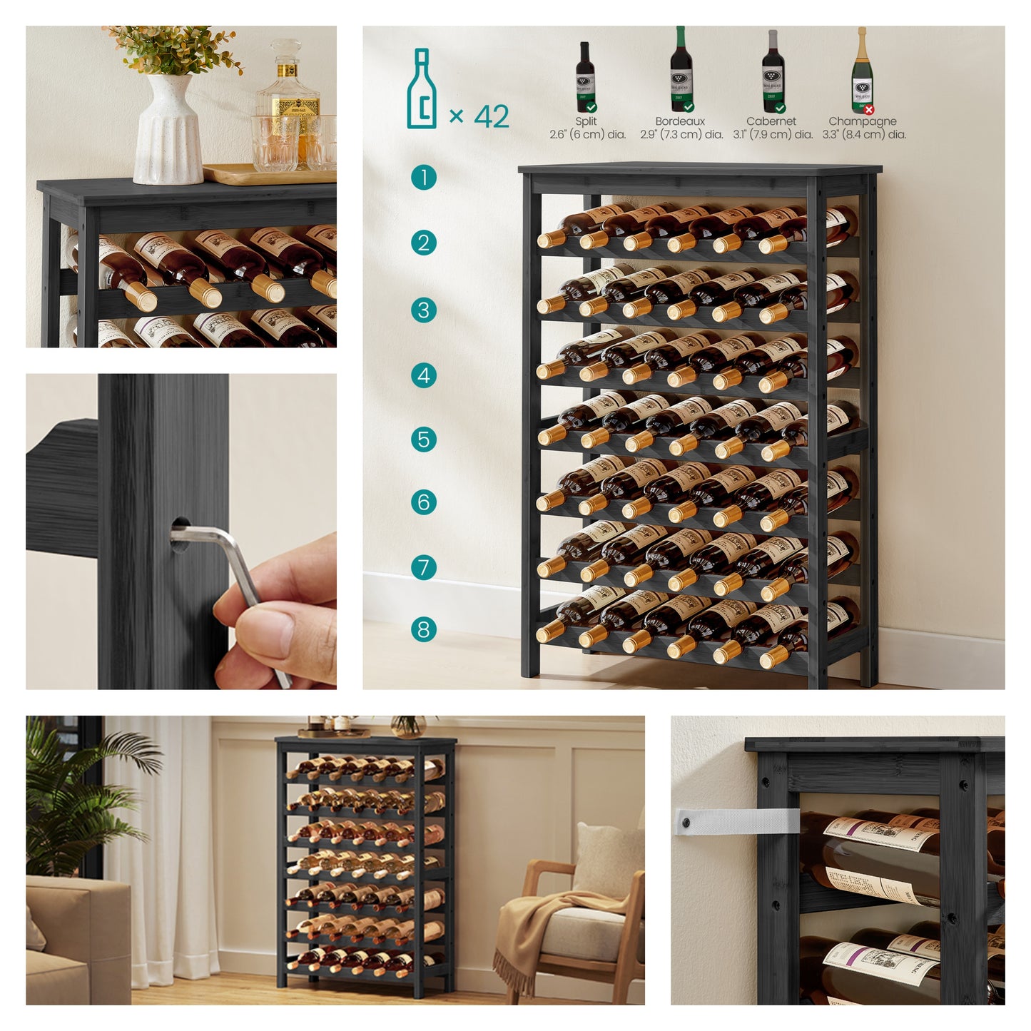 7-Tier Bamboo Wine Rack - 42-Bottle Capacity Freestanding Display with Table Top, Wobble-Free Design, Anti-Tip Kit, Ink Black