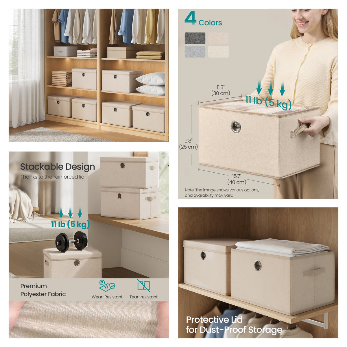 LEDREM Storage Bins 3 Pack, Stackable Foldable Fabric Boxes with Lids, 15.7 x 11.8 x 9.8 Inches, Beige