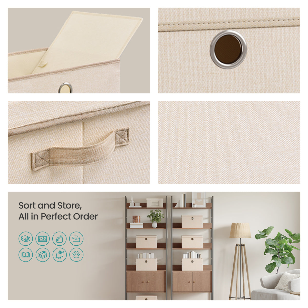LEDREM Storage Bins 3 Pack, Stackable Foldable Fabric Boxes with Lids, 15.7 x 11.8 x 9.8 Inches, Beige