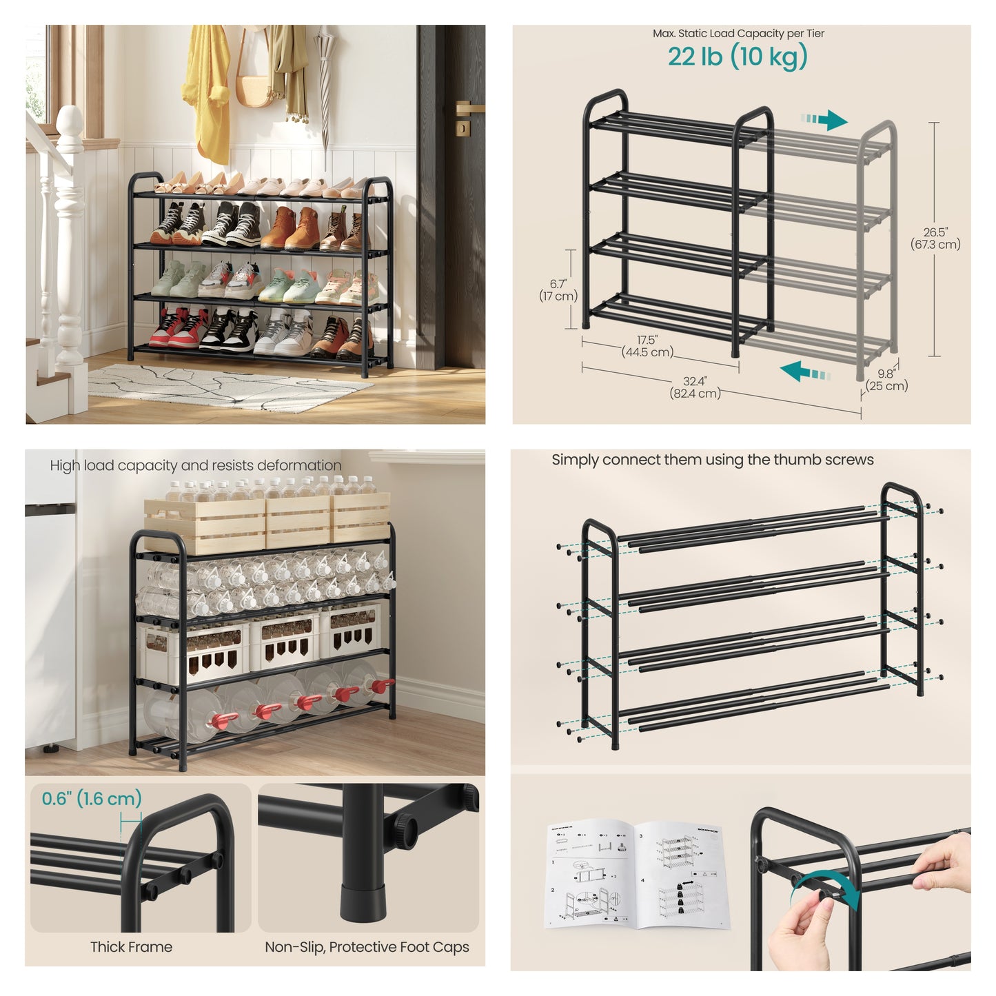 Expandable Shoe Rack, 4-Tier Adjustable Steel Storage Organizer, 17.4 x 9.8 x 26.5 inches, Black