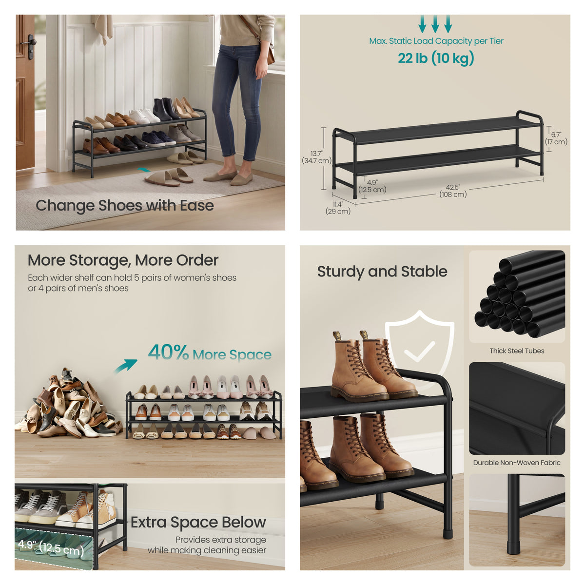2-Tier Shoe Rack Organizer, Holds 12-15 Pairs, Free Standing Shoe Storage Shelf, 42.5 x 11.4 x 13.7 Inches, Black