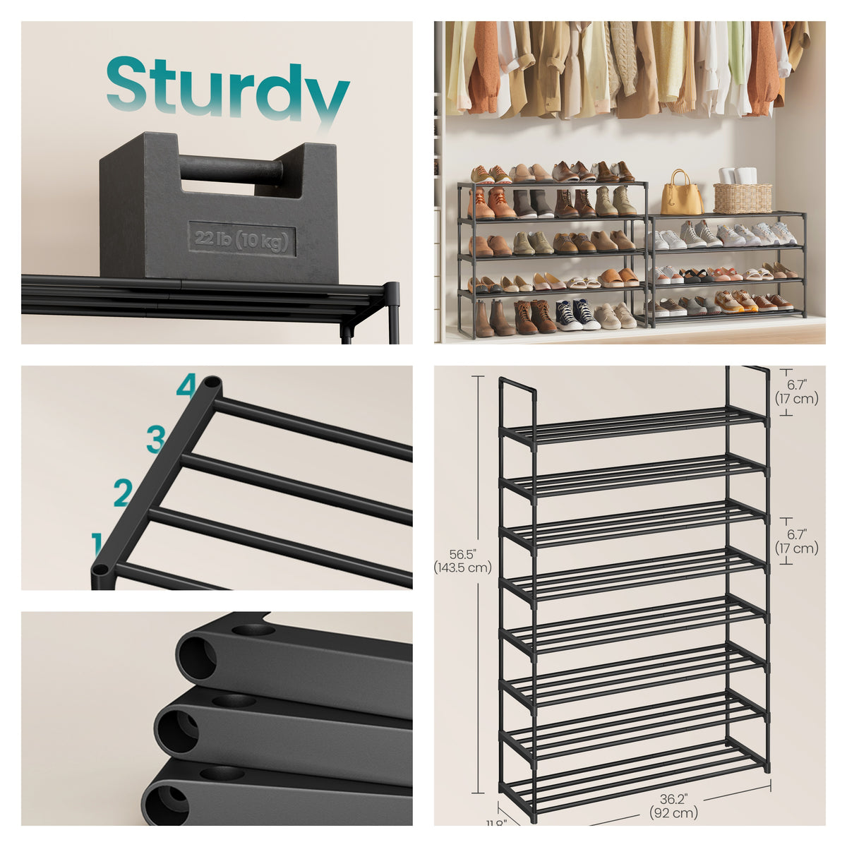 8-Tier PP Plastic, Steel Shoe Storage Shelf, Stackable Shoe Organizer, for Entryway, Black