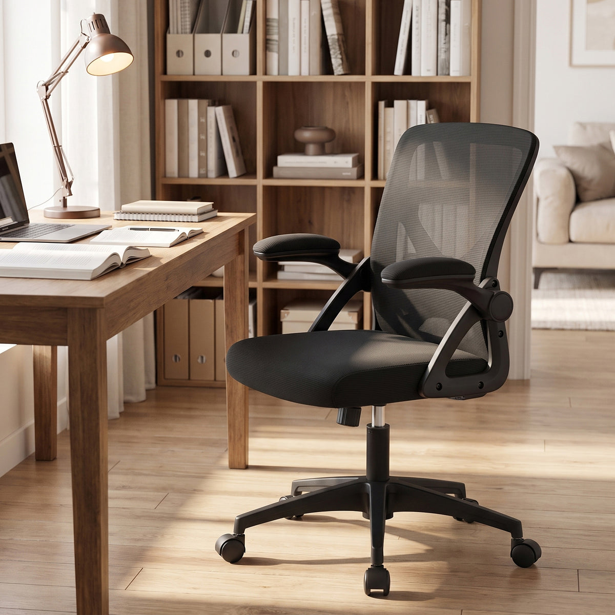LEDREM Chair, Office Chair, Makeup Chair, Sponge, PA Plastic, Polyester Fiber, PE Plastic, Plywood, Steel, for Bedroom, Black