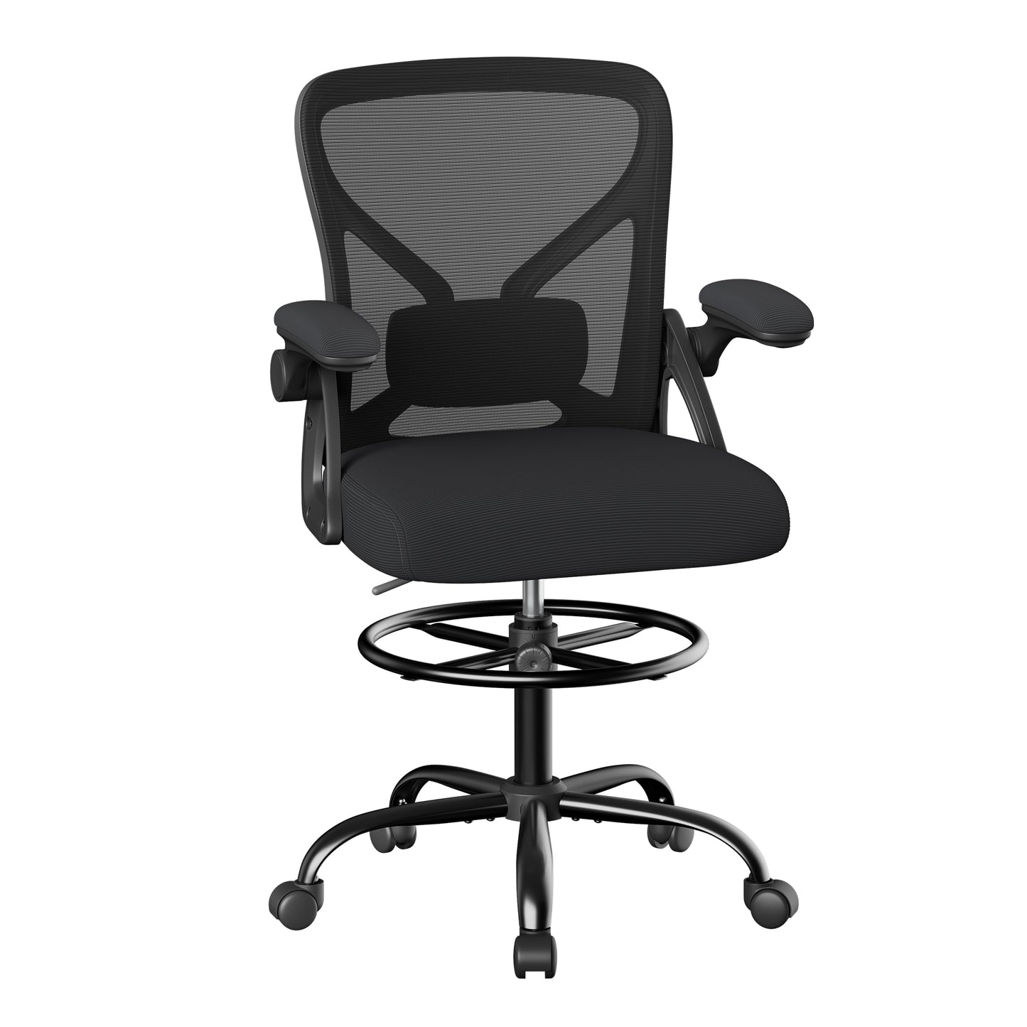 Ergonomic Drafting Chair with Lumbar Support and Flip-Up Armrests, 25.2 x 25.2 x 41.3-49.2 Inches, Black