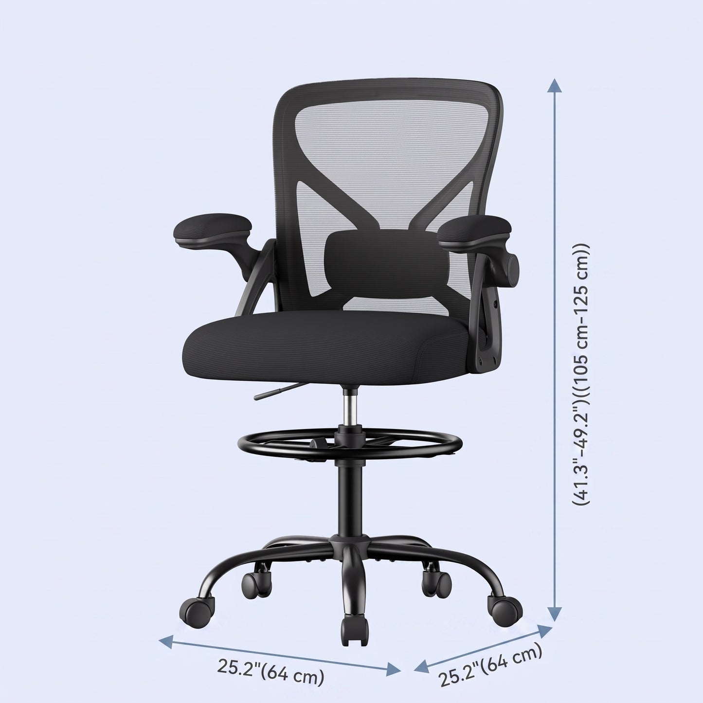 Ergonomic Drafting Chair with Lumbar Support and Flip-Up Armrests, 25.2 x 25.2 x 41.3-49.2 Inches, Black