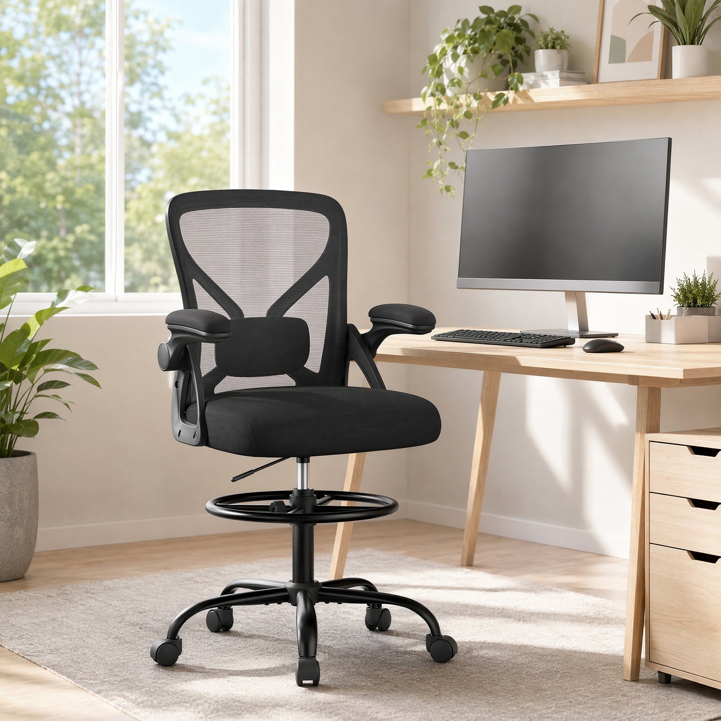 Ergonomic Drafting Chair with Lumbar Support and Flip-Up Armrests, 25.2 x 25.2 x 41.3-49.2 Inches, Black