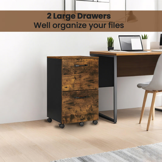 2-Drawer Mobile File Cabinet, Compact Rolling Storage for Office, Printer Stand, Fits A4 Letter, Lockable Casters, Rustic Brown and Black
