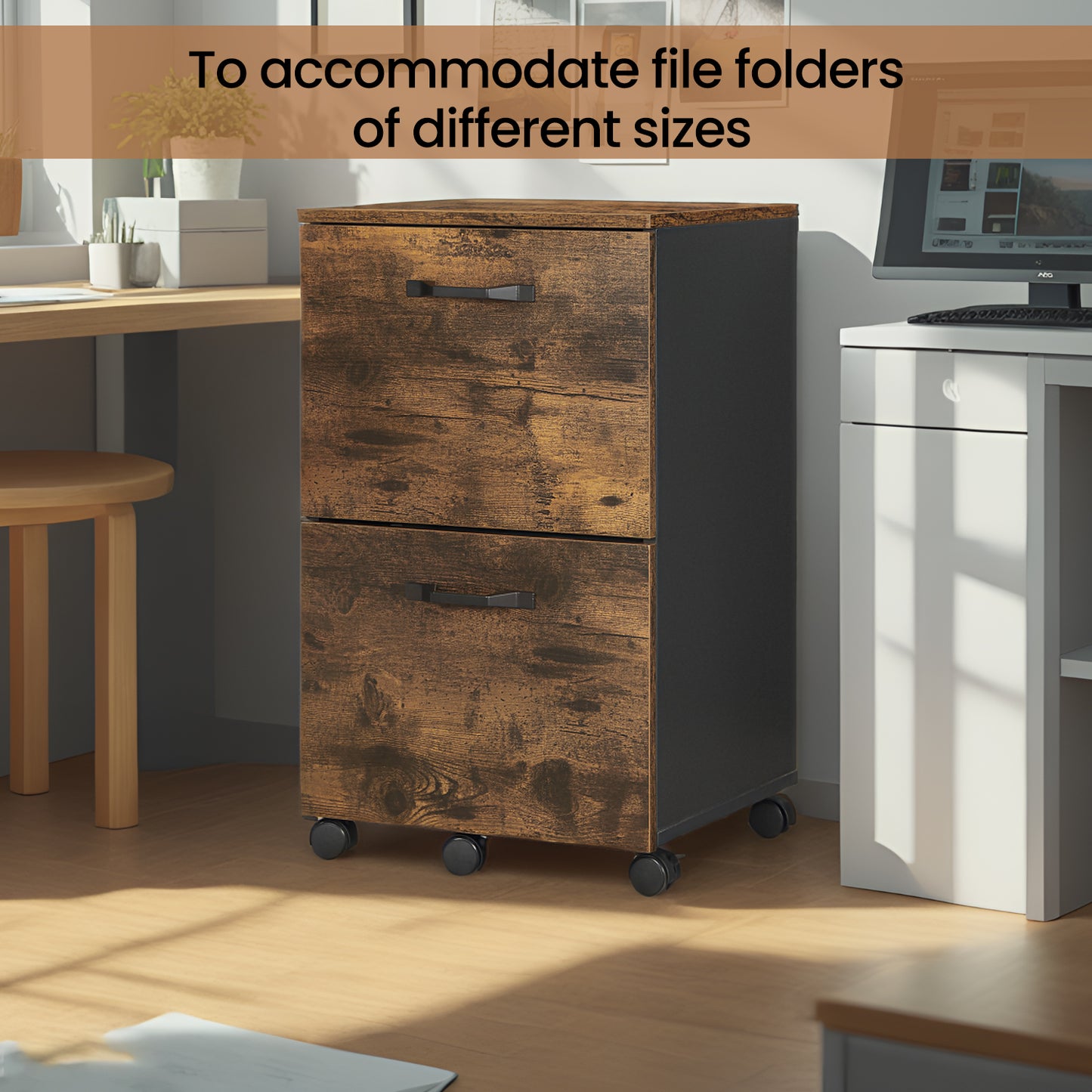 2-Drawer Mobile File Cabinet, Compact Rolling Storage for Office, Printer Stand, Fits A4 Letter, Lockable Casters, Rustic Brown and Black
