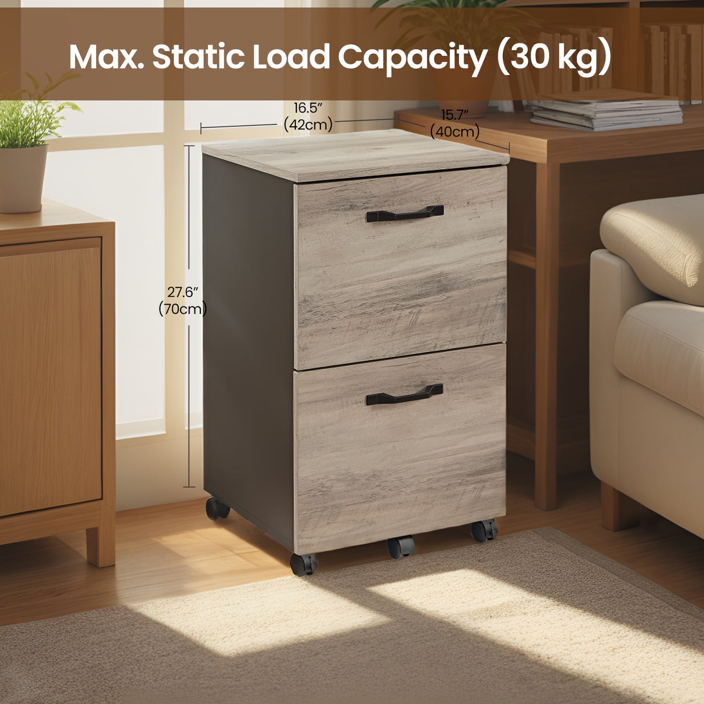 2-Drawer Mobile File Cabinet, Rolling Storage Organizer for Office, Home, A4 Letter Size Compatible, Lockable Wheels, Heather Greige and Black