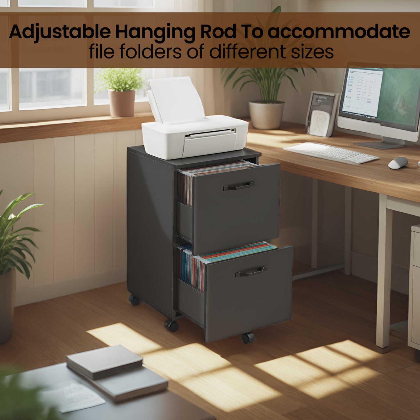 2-Drawer Mobile File Cabinet, Compact Rolling Storage Organizer for Office, Home, A4 Letter Size Compatible, Lockable Casters, Matte Black