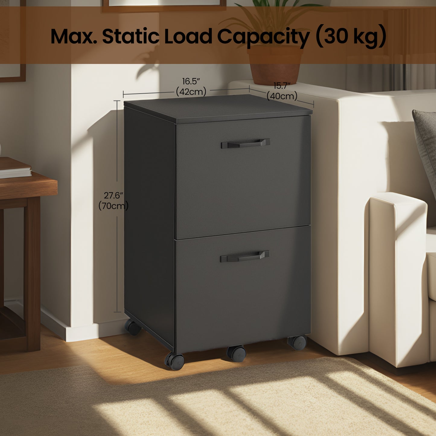 2-Drawer Mobile File Cabinet, Compact Rolling Storage Organizer for Office, Home, A4 Letter Size Compatible, Lockable Casters, Matte Black