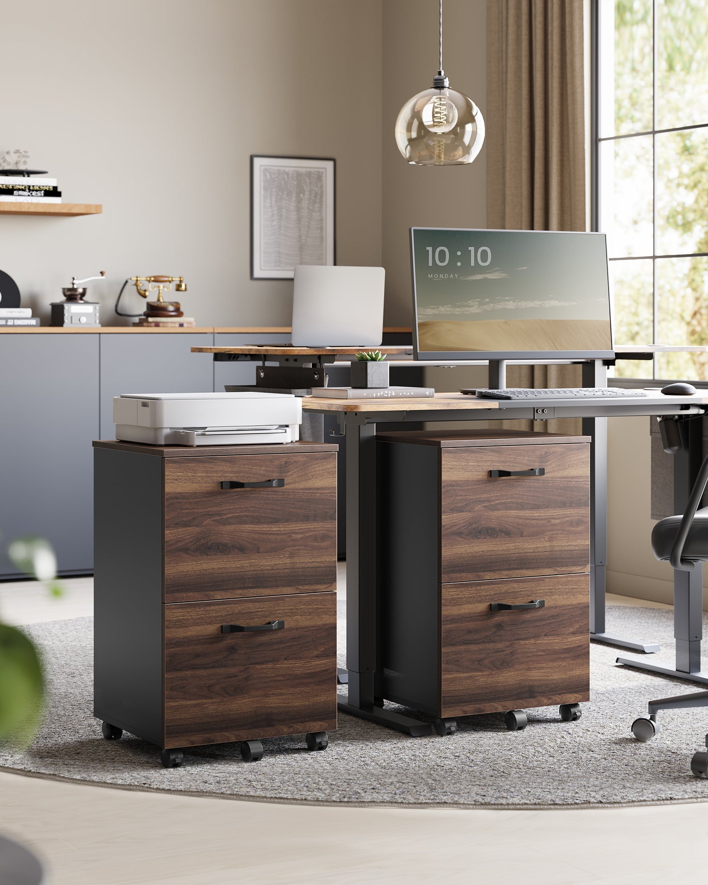 2-Drawer Rolling File Cabinet, Small Office Storage with Lockable Casters, for A4，Letter Documents, Under Desk Printer Stand, Walnut & Black
