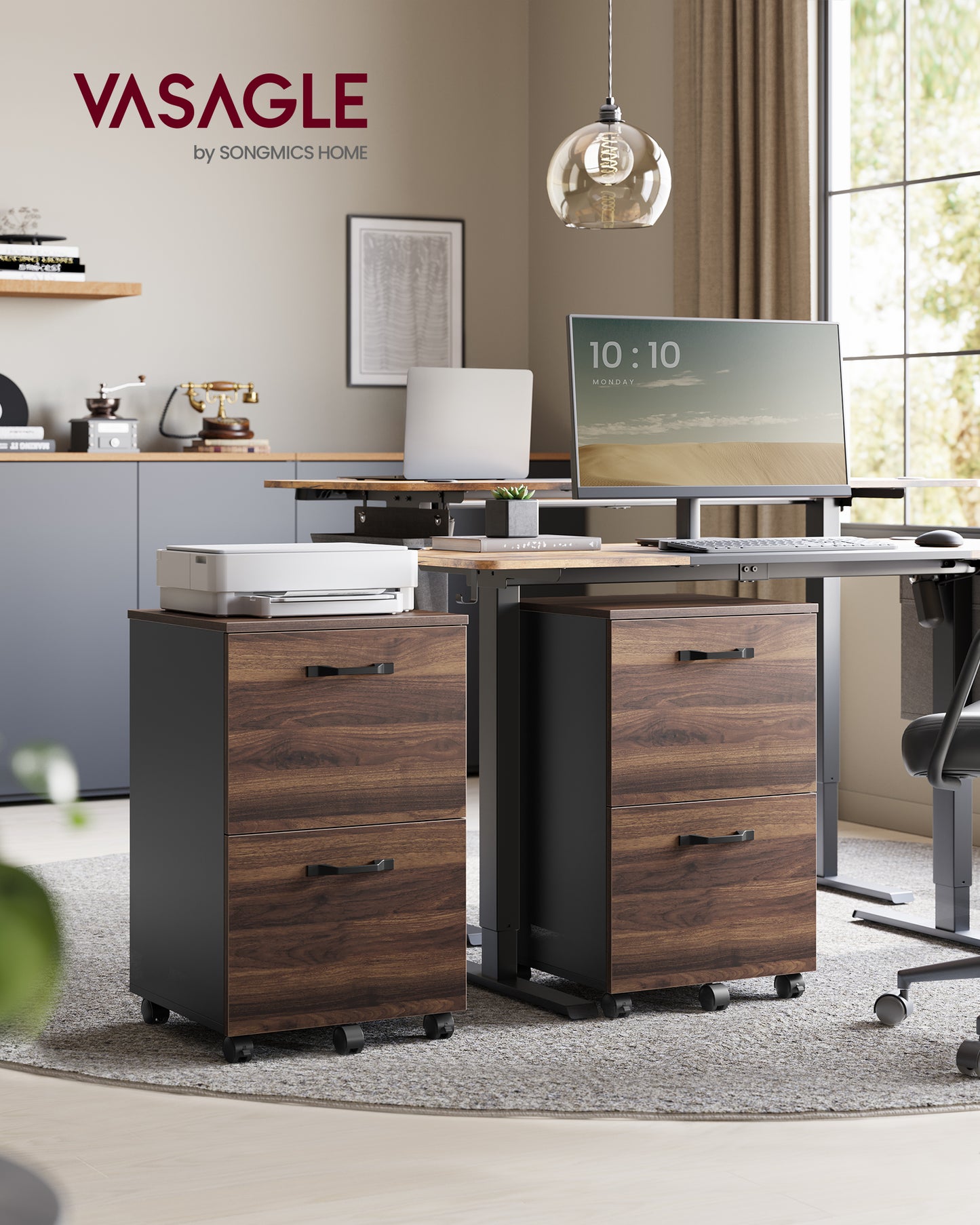 2-Drawer Rolling File Cabinet, Small Office Storage with Lockable Casters, for A4，Letter Documents, Under Desk Printer Stand, Walnut & Black