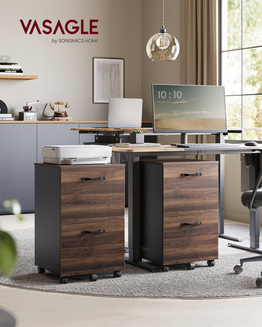 2-Drawer Rolling File Cabinet, Small Office Storage with Lockable Casters, for A4，Letter Documents, Under Desk Printer Stand, Walnut & Black