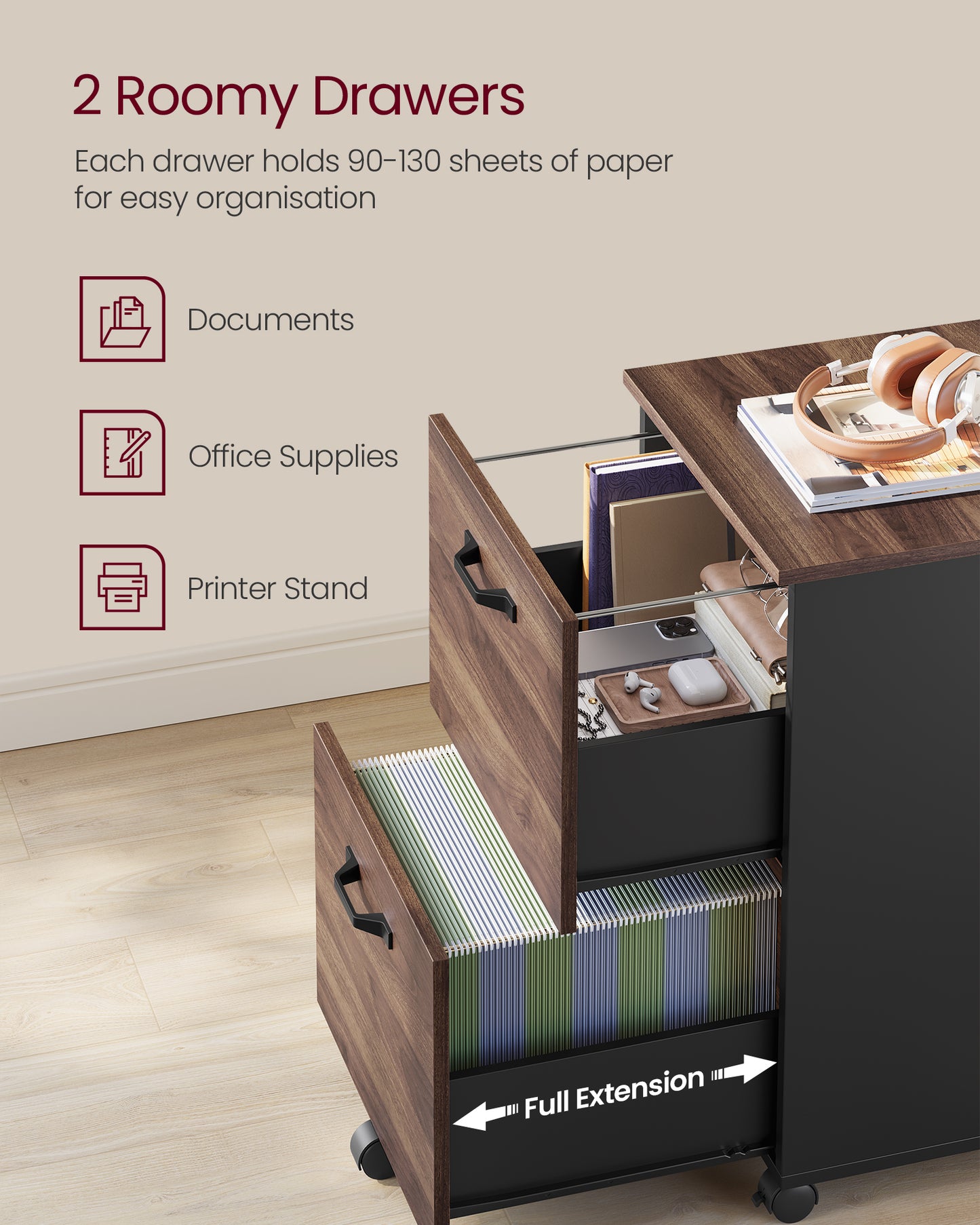 2-Drawer Rolling File Cabinet, Small Office Storage with Lockable Casters, for A4，Letter Documents, Under Desk Printer Stand, Walnut & Black