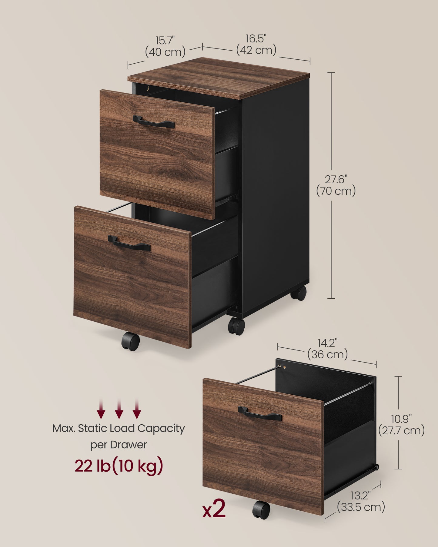 2-Drawer Rolling File Cabinet, Small Office Storage with Lockable Casters, for A4，Letter Documents, Under Desk Printer Stand, Walnut & Black