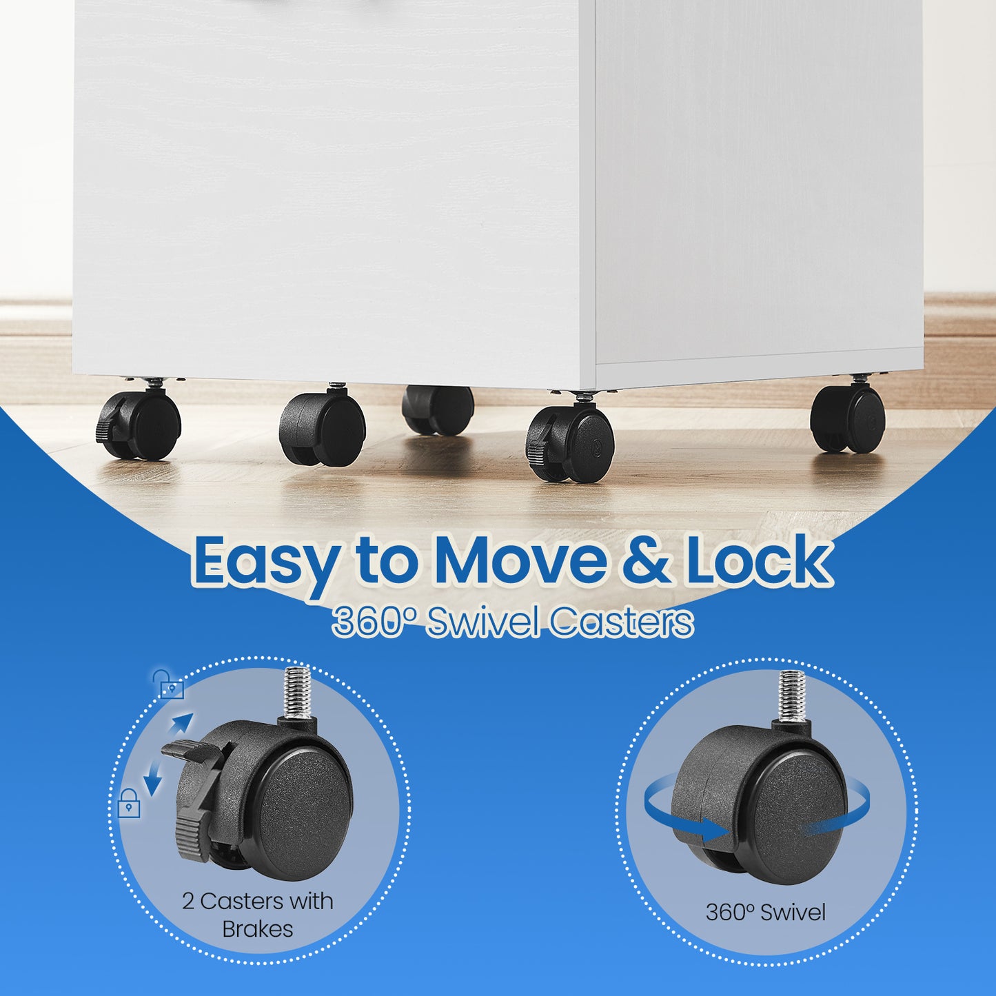 2-Drawer Mobile File Cabinet, Compact Rolling Organizer for Office/Home, A4 Letter Size, Lockable Casters, white