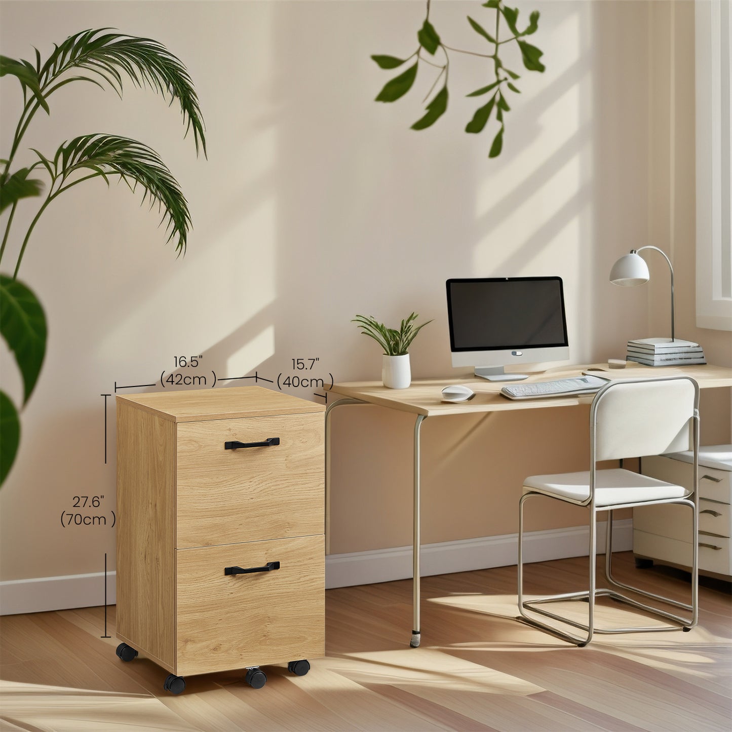 2-Drawer Mobile File Cabinet, Compact Rolling Storage for Office, Home, A4/Letter Size, Lockable Casters, Straw Yellow
