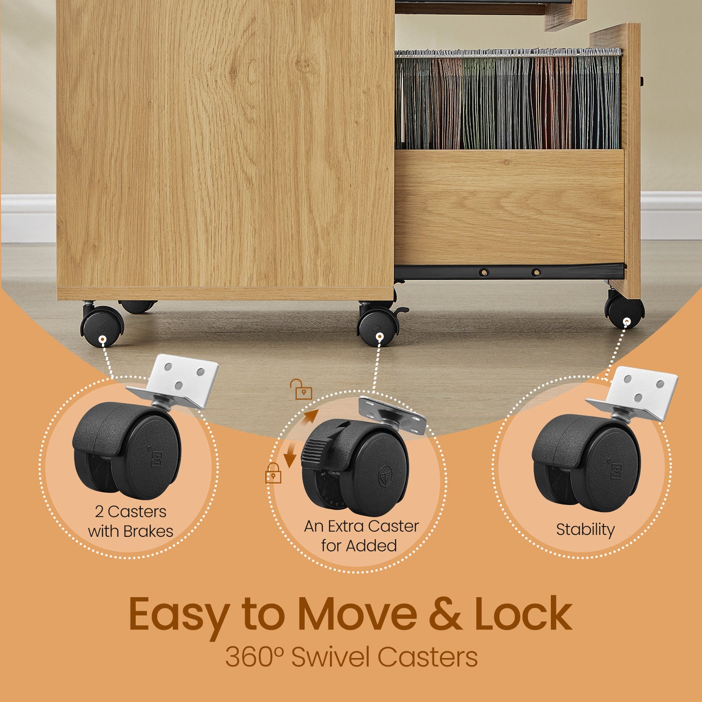 2-Drawer Mobile File Cabinet, Compact Rolling Storage for Office, Home, A4/Letter Size, Lockable Casters, Straw Yellow