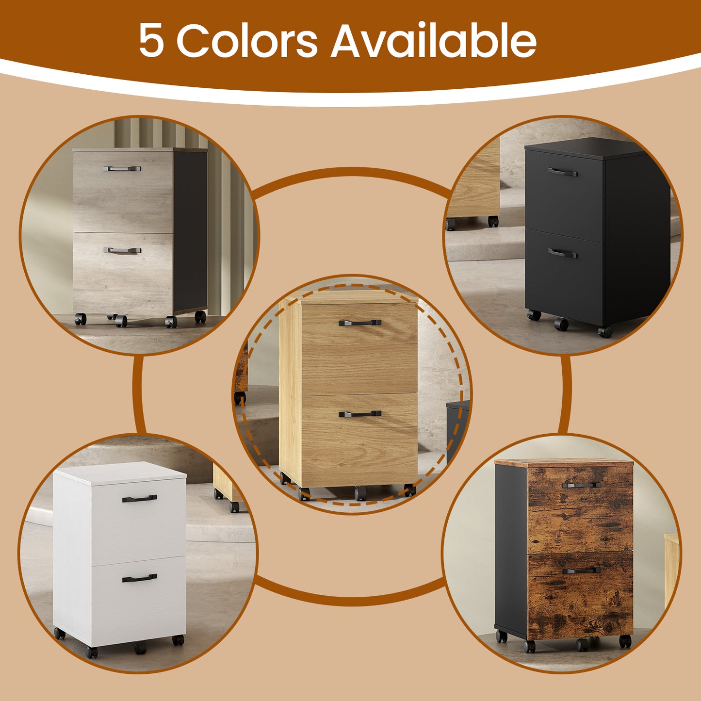 2-Drawer Mobile File Cabinet, Compact Rolling Storage for Office, Home, A4/Letter Size, Lockable Casters, Straw Yellow