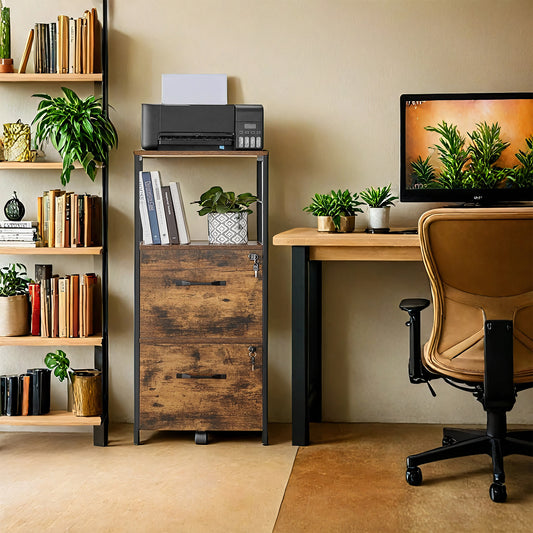 LEDREM 2-Drawer File Cabinet - Locking Storage, Open Shelf, Adjustable Feet, Printer Stand, Industrial Design, Rustic Brown and Black