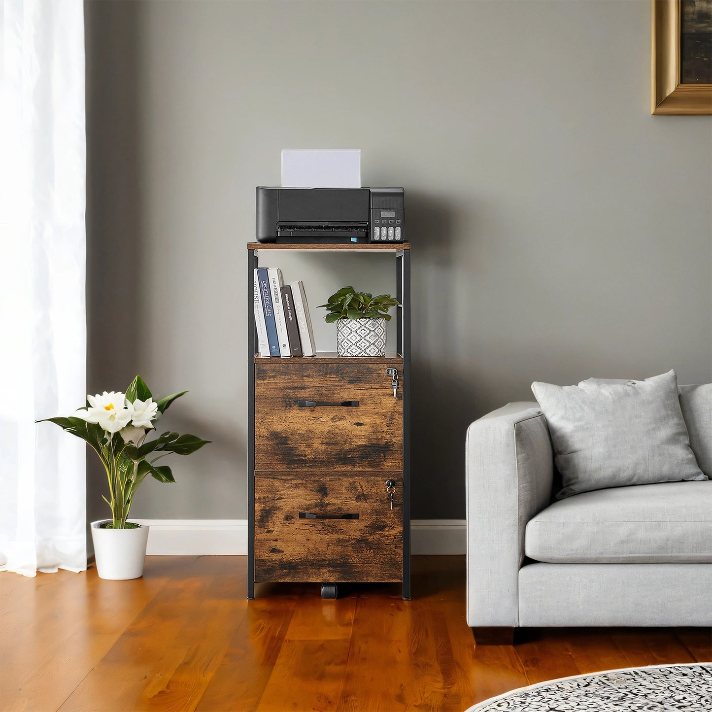 LEDREM 2-Drawer File Cabinet - Locking Storage, Open Shelf, Adjustable Feet, Printer Stand, Industrial Design, Rustic Brown and Black