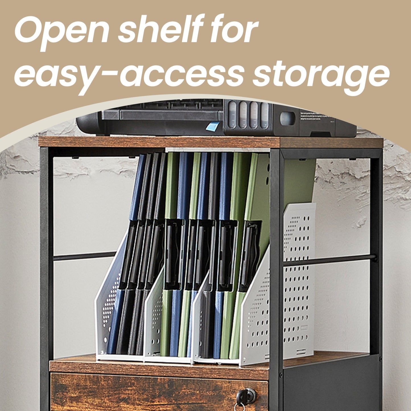 LEDREM 2-Drawer File Cabinet - Locking Storage, Open Shelf, Adjustable Feet, Printer Stand, Industrial Design, Rustic Brown and Black