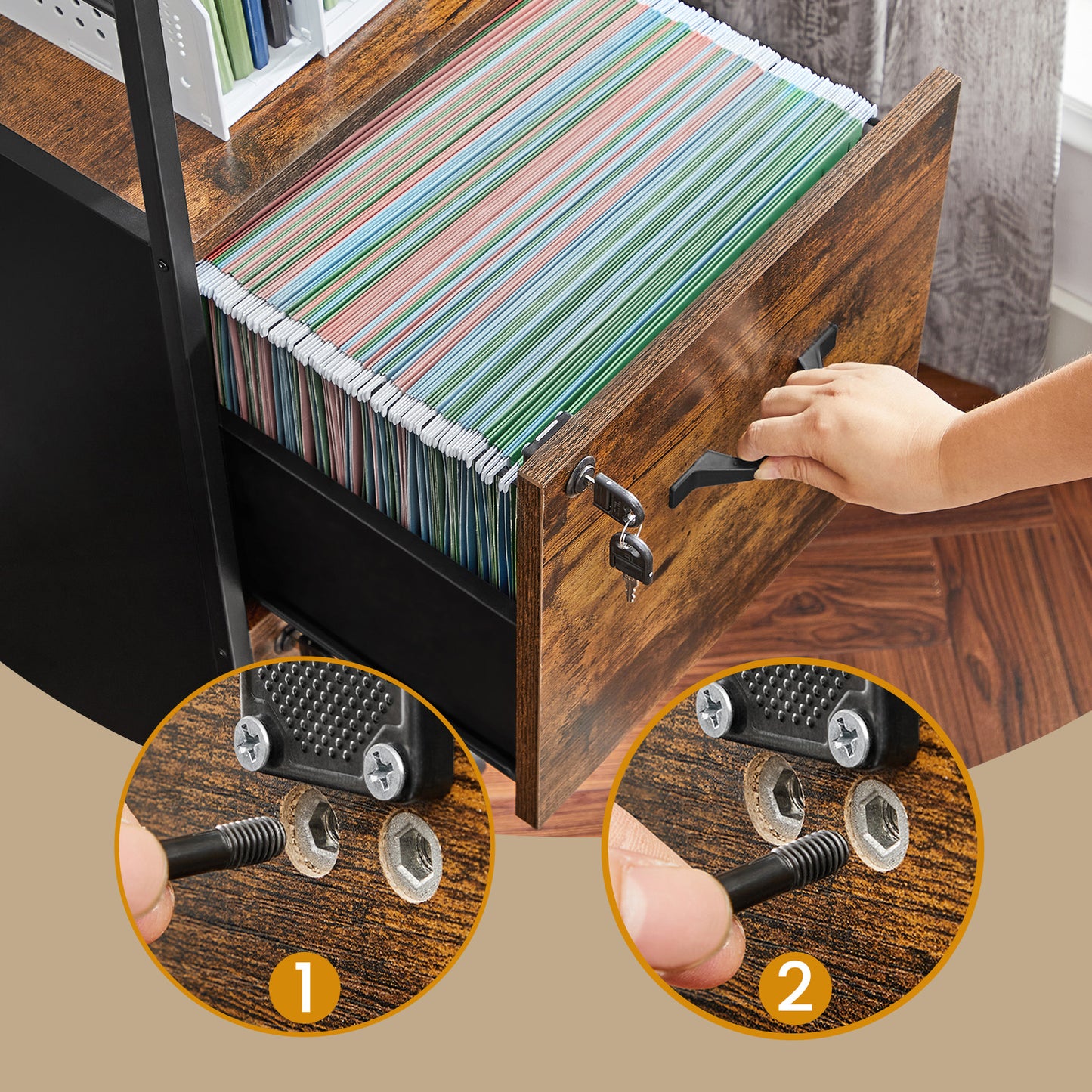 LEDREM 2-Drawer File Cabinet - Locking Storage, Open Shelf, Adjustable Feet, Printer Stand, Industrial Design, Rustic Brown and Black