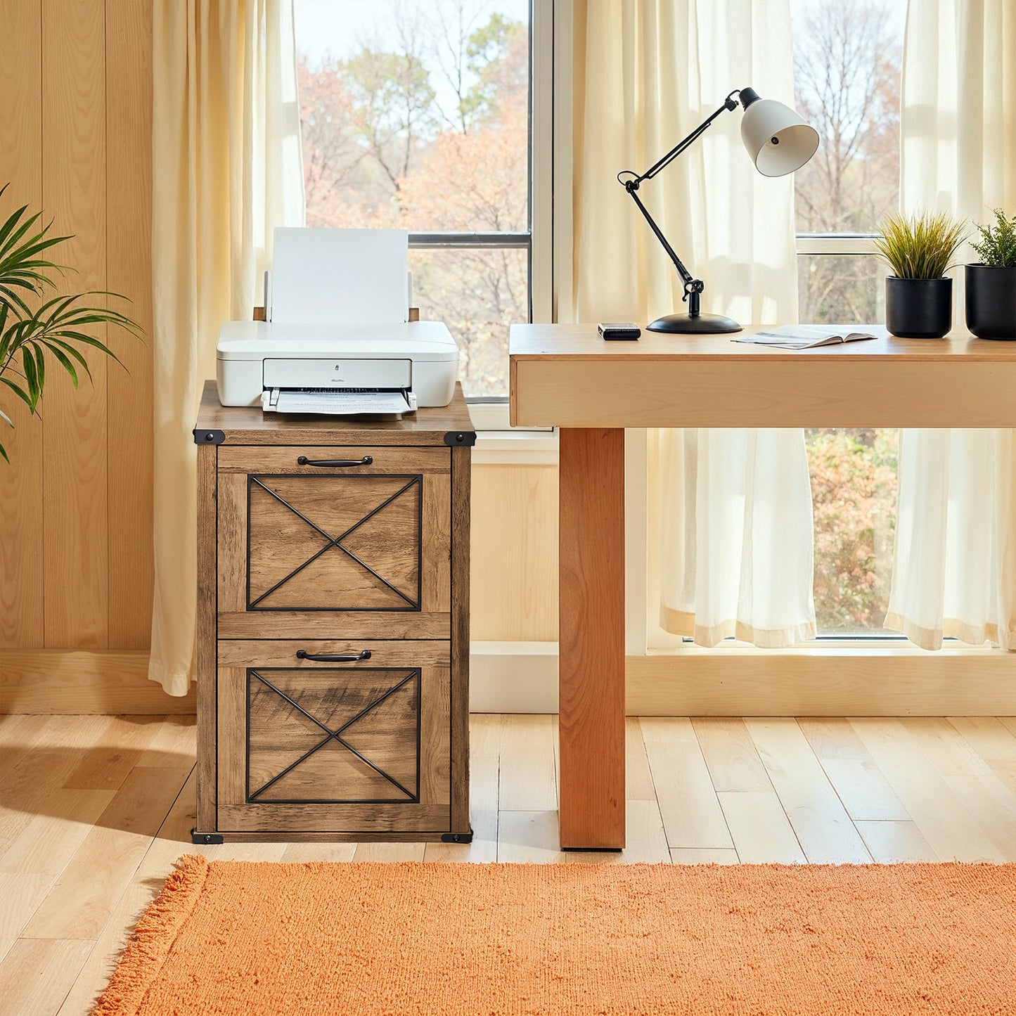 2-Drawer File Cabinet with Hanging File Folders, Modern Farmhouse Office Cabinet and Printer Stand, Fits A4 & Letter Size, Honey Brown