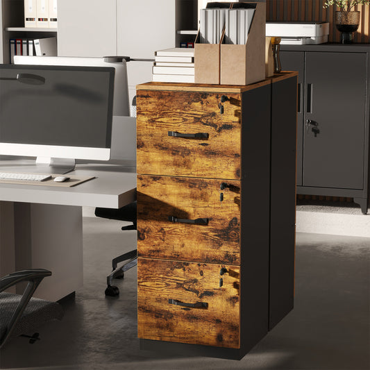 3-Drawer Vertical File Cabinet, Space-Saving Storage for Office, Bedroom, A4 Letter Size, Lockable Drawers, Rustic Brown and Black