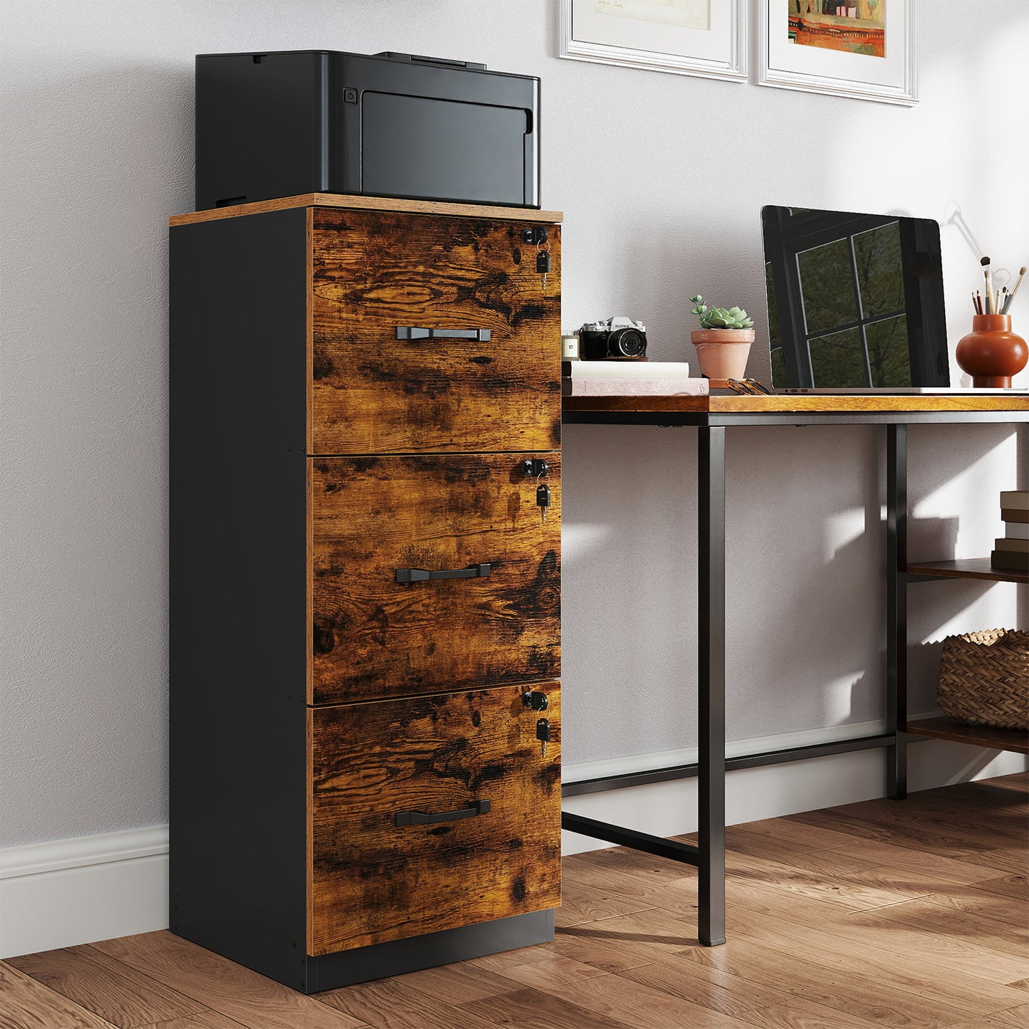3-Drawer Vertical File Cabinet, Space-Saving Storage for Office, Bedroom, A4 Letter Size, Lockable Drawers, Rustic Brown and Black