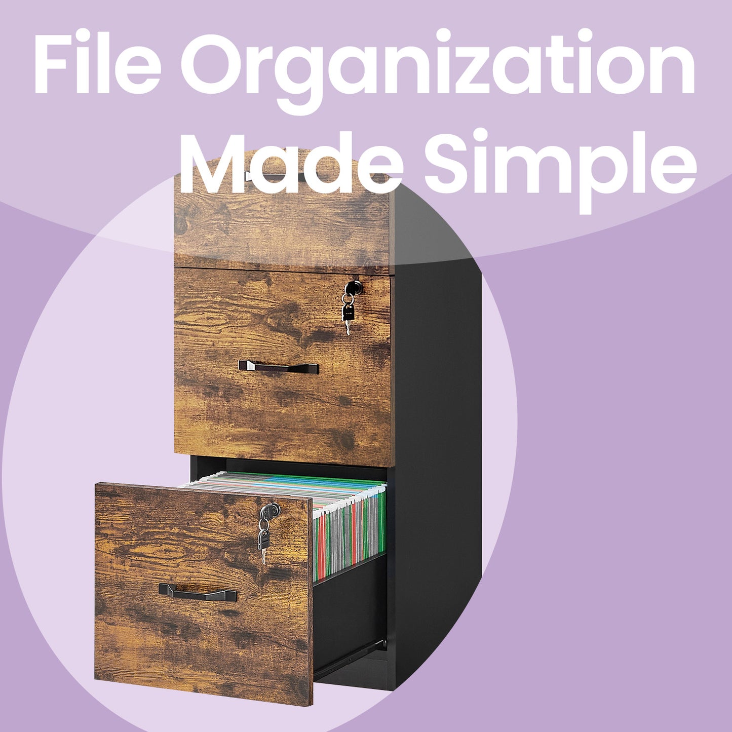 3-Drawer Vertical File Cabinet, Space-Saving Storage for Office, Bedroom, A4 Letter Size, Lockable Drawers, Rustic Brown and Black